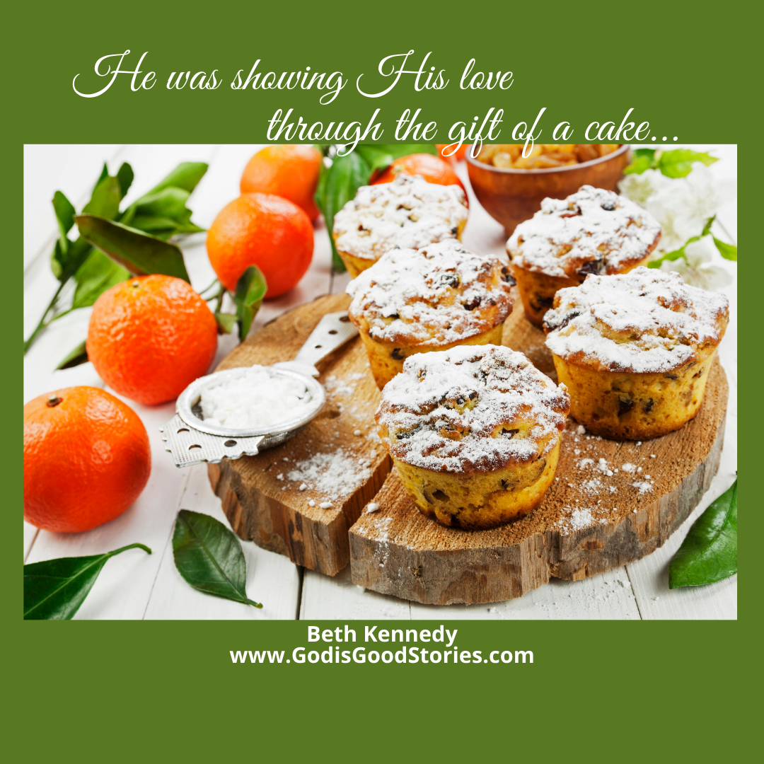 5 round shaped cakes dusted with icing sugar sitting on a wooden board with 4 oranges next to it with test saying He was showing His love through the gift of a cake, Beth Kennedy www.GodisGoodStories.com